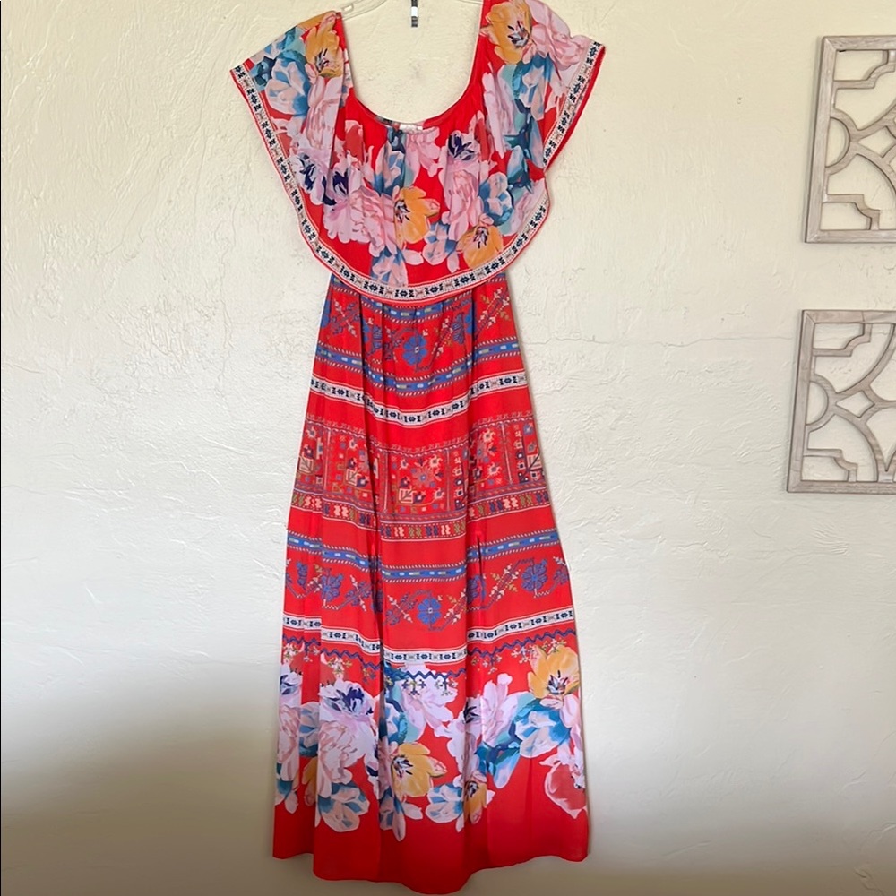 JealousTomato Boho maxi off shoulder ruffle dress floral orange pink slits M